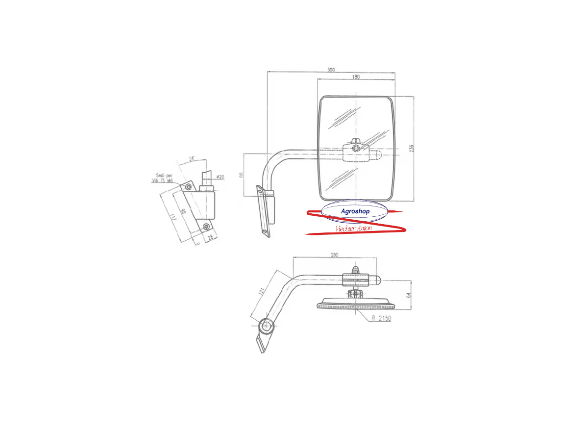 Spiegel mit Arm rechts 150mm x 180mm Konvex Anschluss 6,5mm
