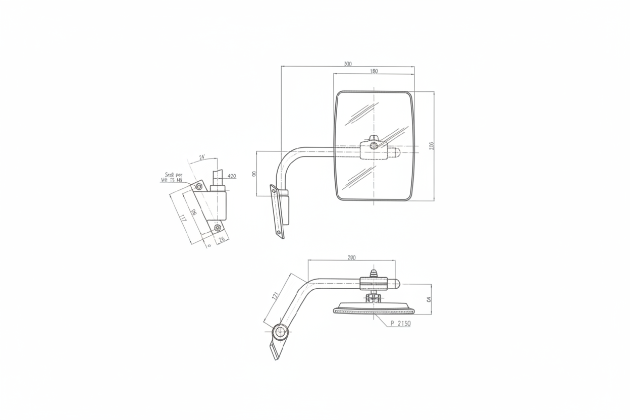 Spiegel mit Arm links 150mm x 180mm Konvex Anschluss 6,5mm