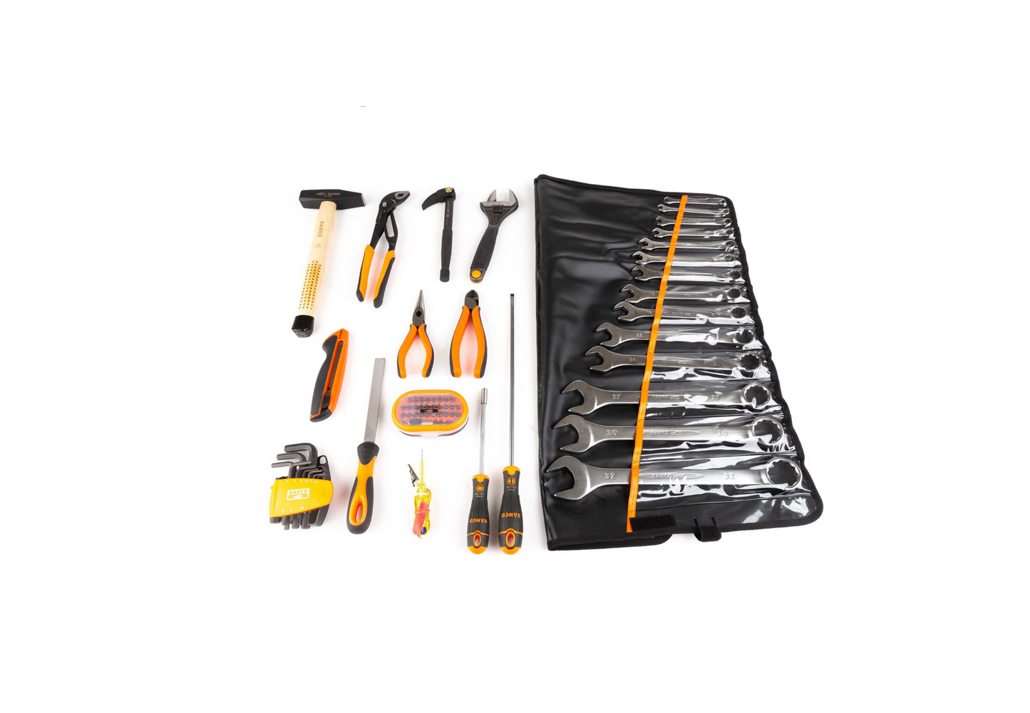 Profi Nutzfahrzeug-SET Bahco bestückt / 65-tlg. / Stoff-Werkzeugmappe mit gummiertem Griff