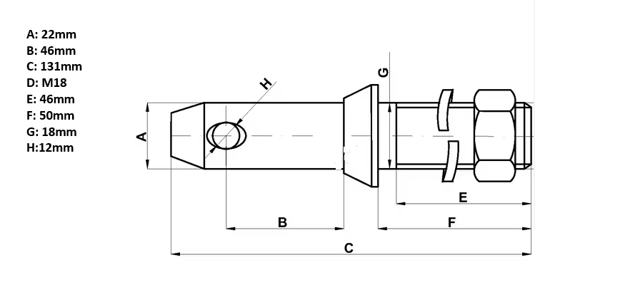 Gerätebolzen, Bolzen Traktor Unterlenkerbolzen Kat 1 22x131mm M18x46mm