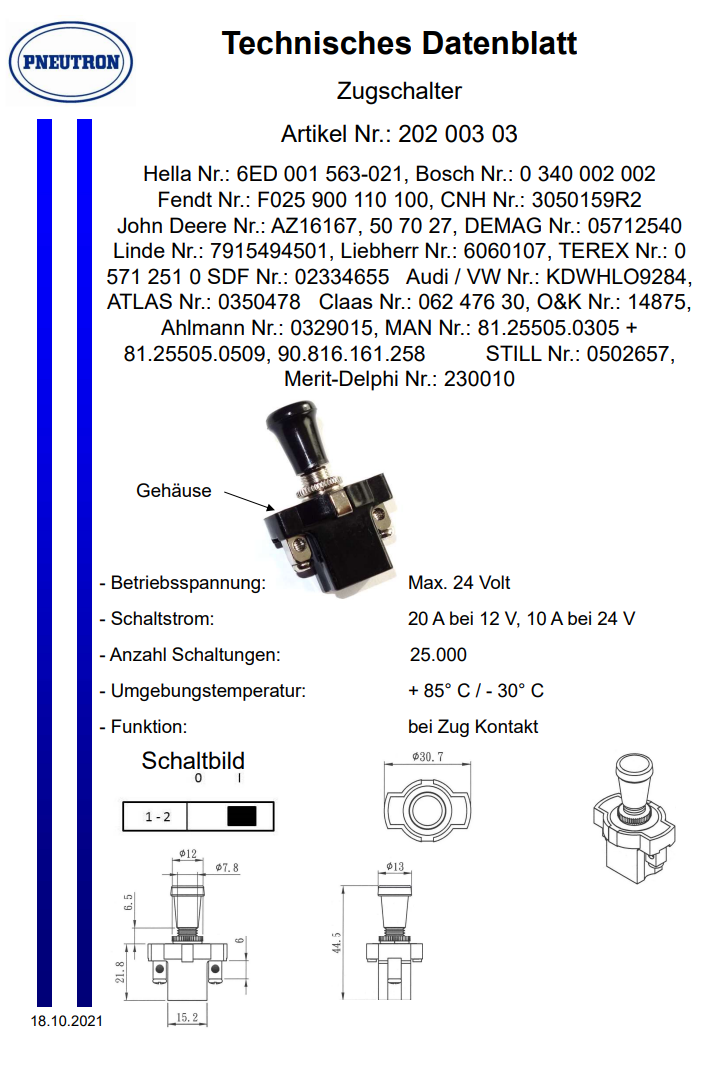 Zugschalter Zündschalter Startschalter, Eicher Fendt John Deere Deutz Traktor